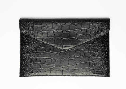 Leather Laptop Sleeve, 15'', Black Croco