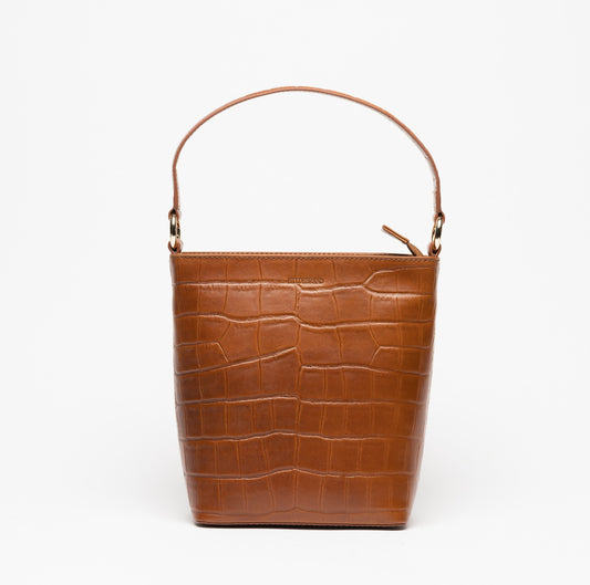 Kleine Ledertasche für Damen in Cognac-Kroko