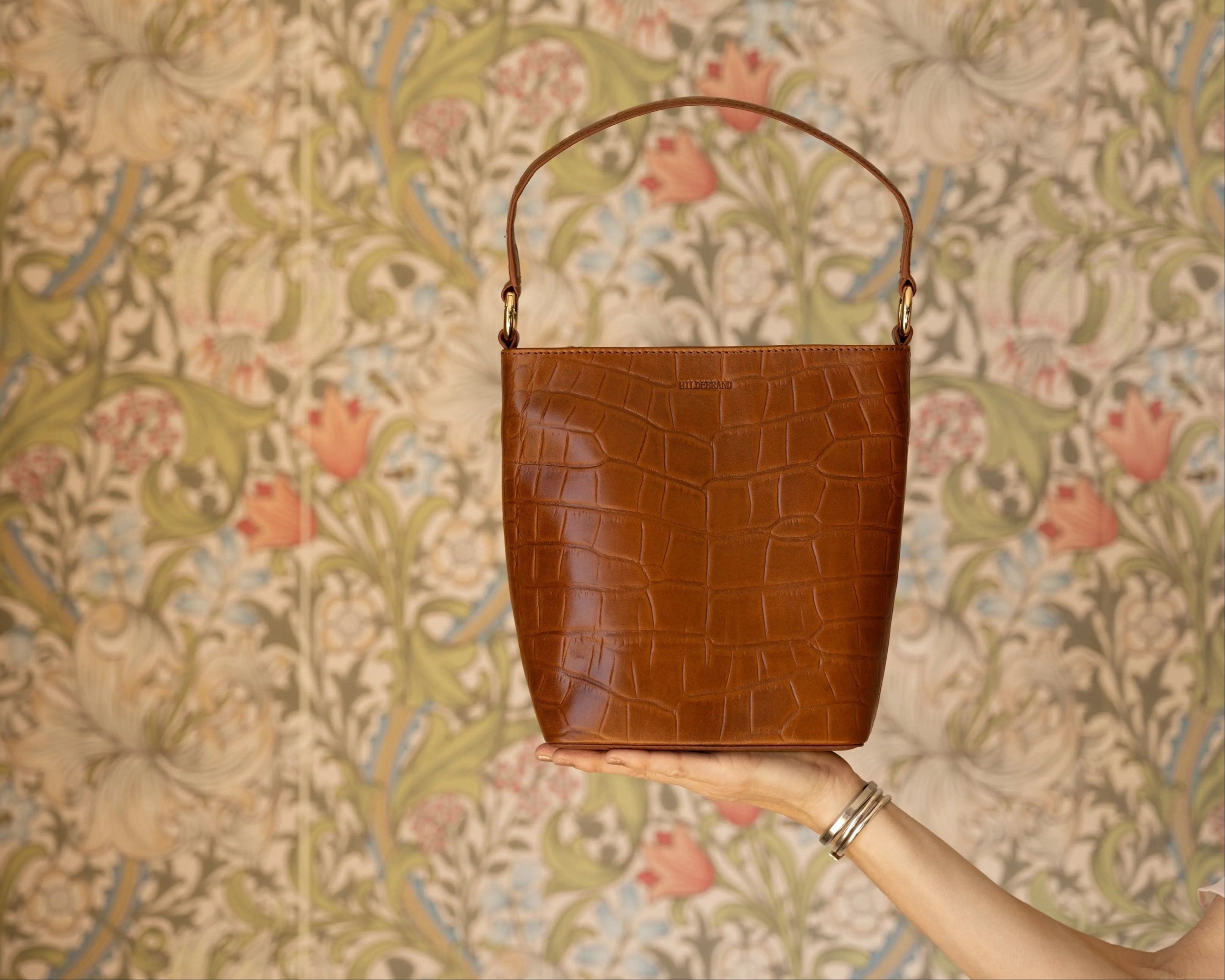 Women's Small Leather Tote Cognac Croco Hildebrand-swe