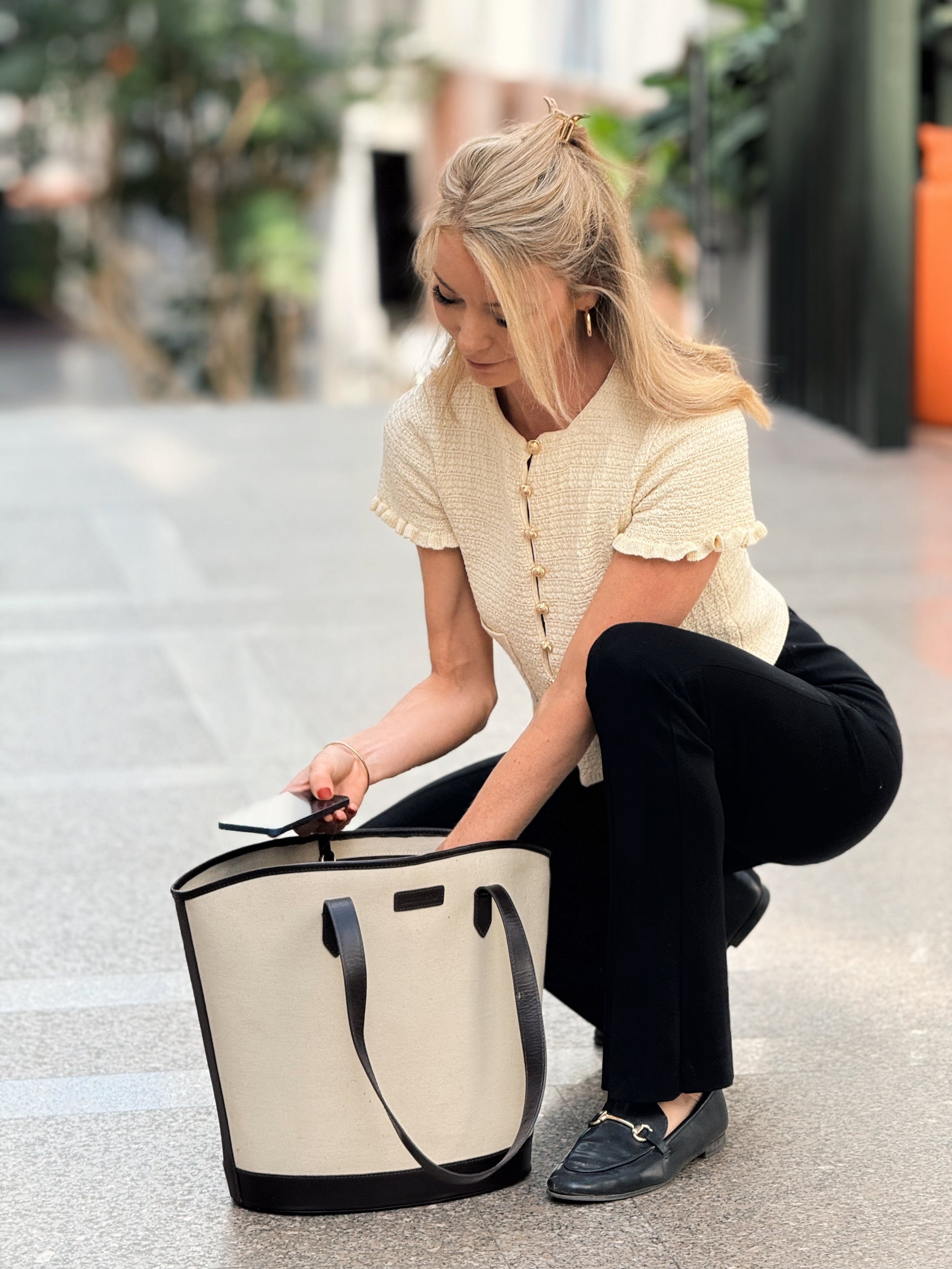 Women's Canvas and Brown Leather Bucket Bag